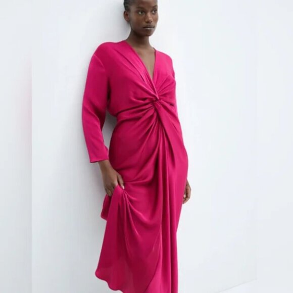 Mango Fuchsia Midi Dress with Knot Detail - Picture 1 of 11